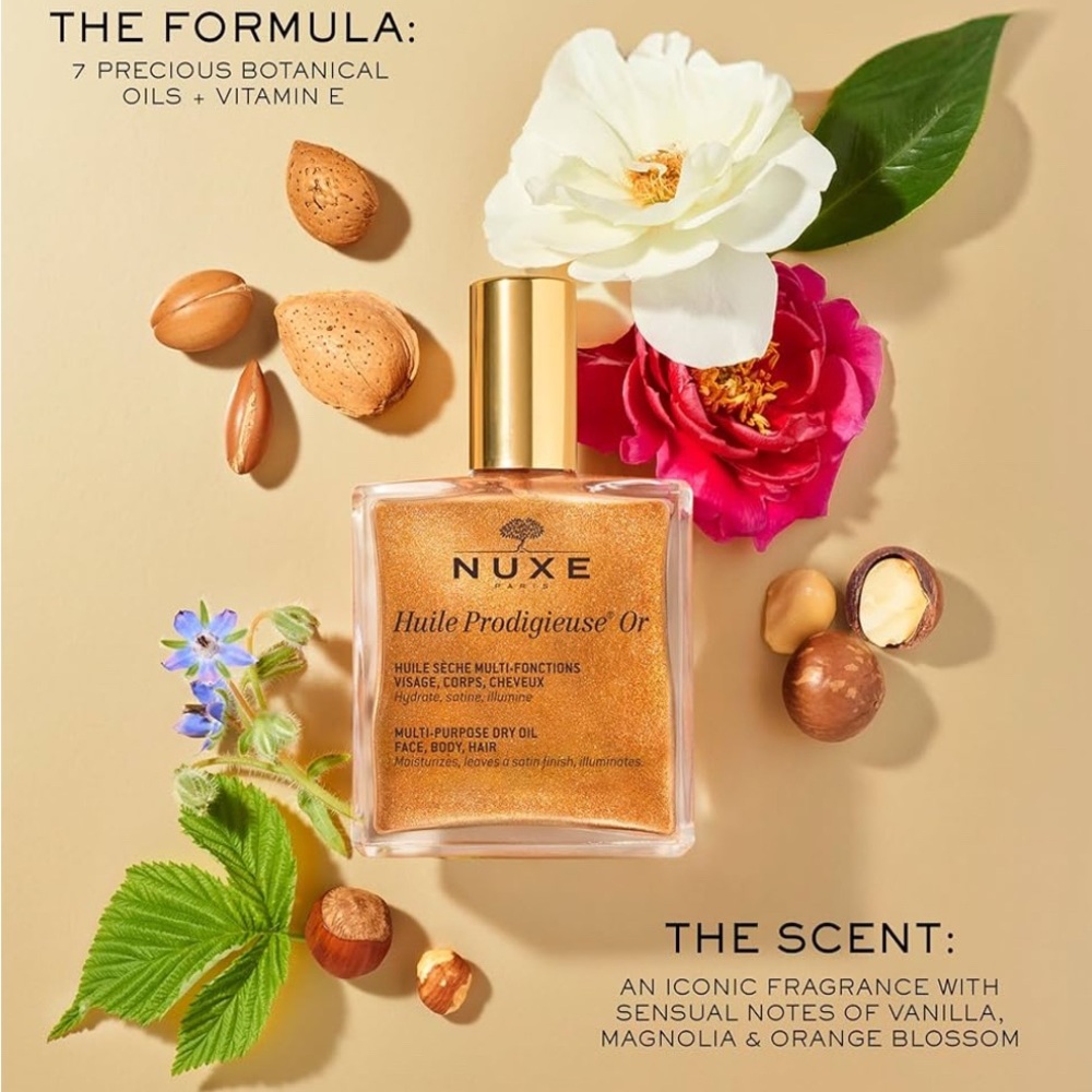 Nuxe Huile Prodigieuse Or Multi-Purpose Oil, gold body shimmer, made in France